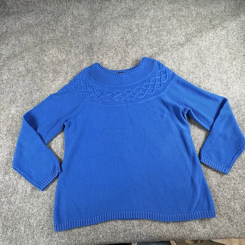 Talbots Sweater Women XL‎ Blue Knit Cable Yoke Classic Preppy Academia